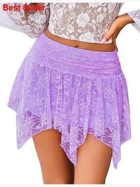 Lace Mini Skirt Asymmetrical Hem Flowy A-Line Boho Layered